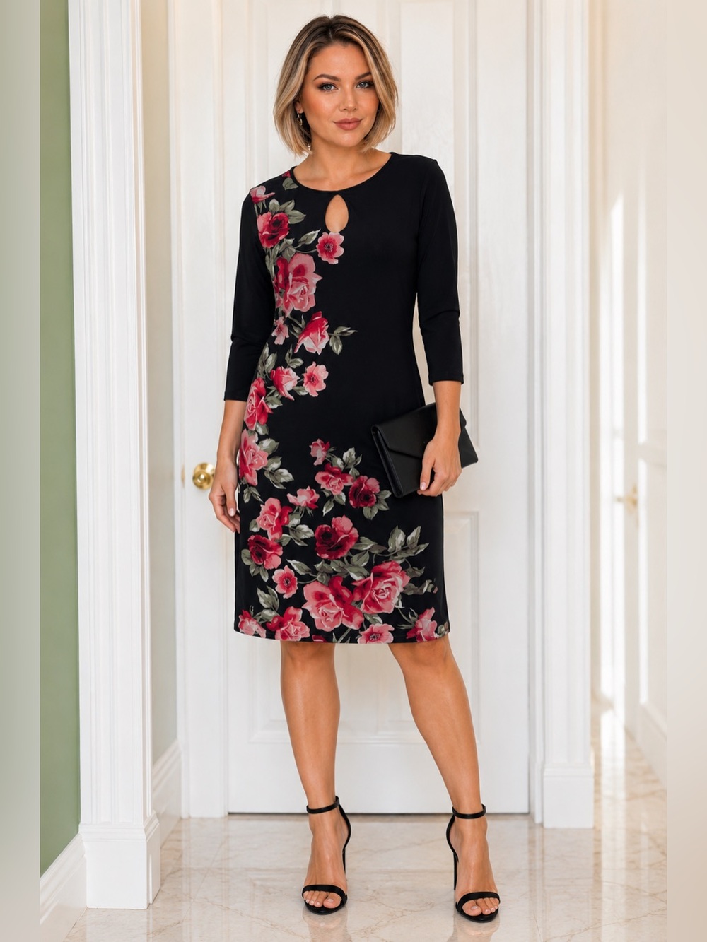 White House Black Market Black Midi Dress with Pink Floral Print